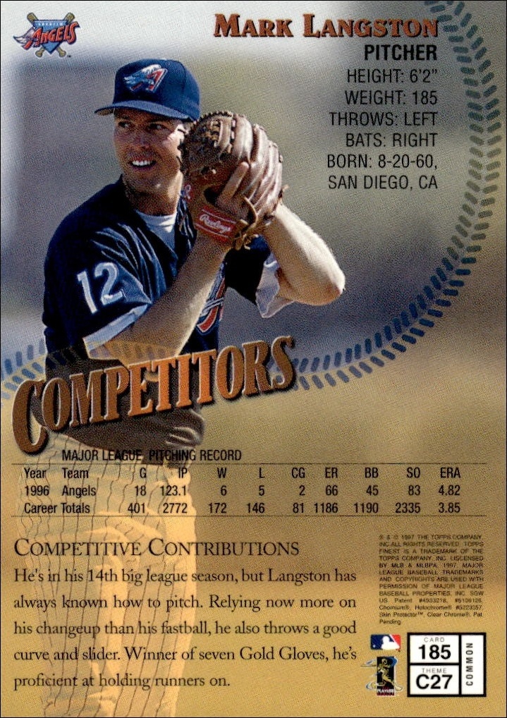 1997 Topps Finest Mark Langston #185 baseball trading card back