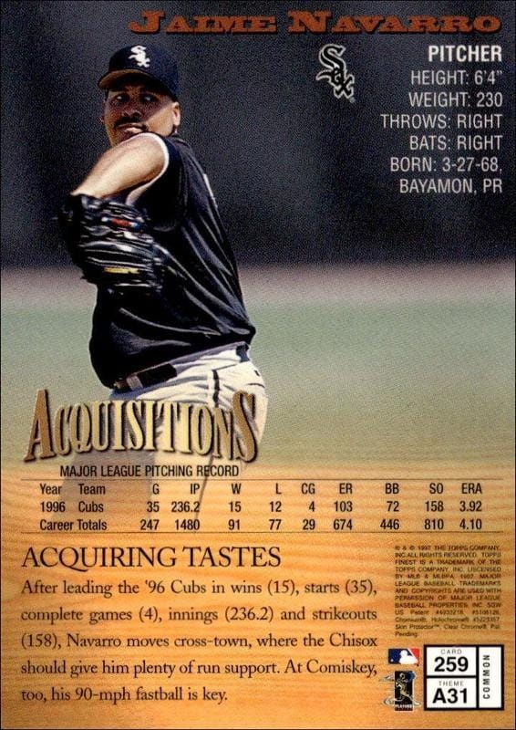 1997 Topps Finest Jaime Navarro #259 baseball trading card back
