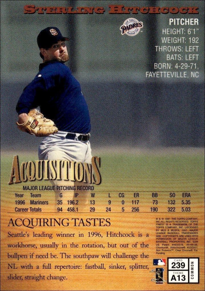 1997 Topps Finest Sterling Hitchcock #239 baseball trading card back