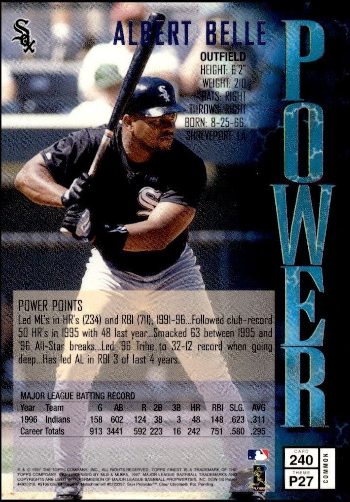1997 Topps Finest Albert Belle #240 baseball trading card back