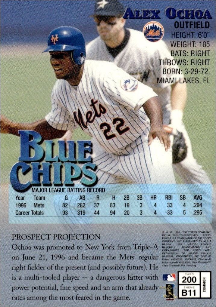 1997 Topps Finest Alex Ochoa #200 baseball trading card back