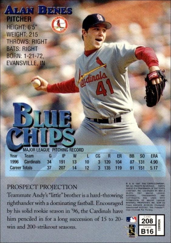 1997 Topps Finest Alan Benes #208 baseball trading card back