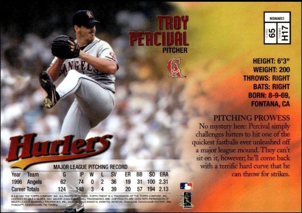 1997 Topps Finest Troy Percival #65 baseball trading card back
