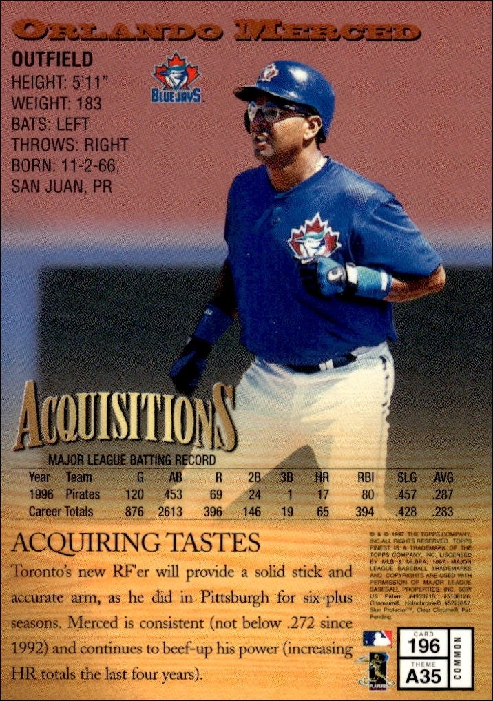 1997 Topps Finest Orlando Merced #196 baseball trading card back