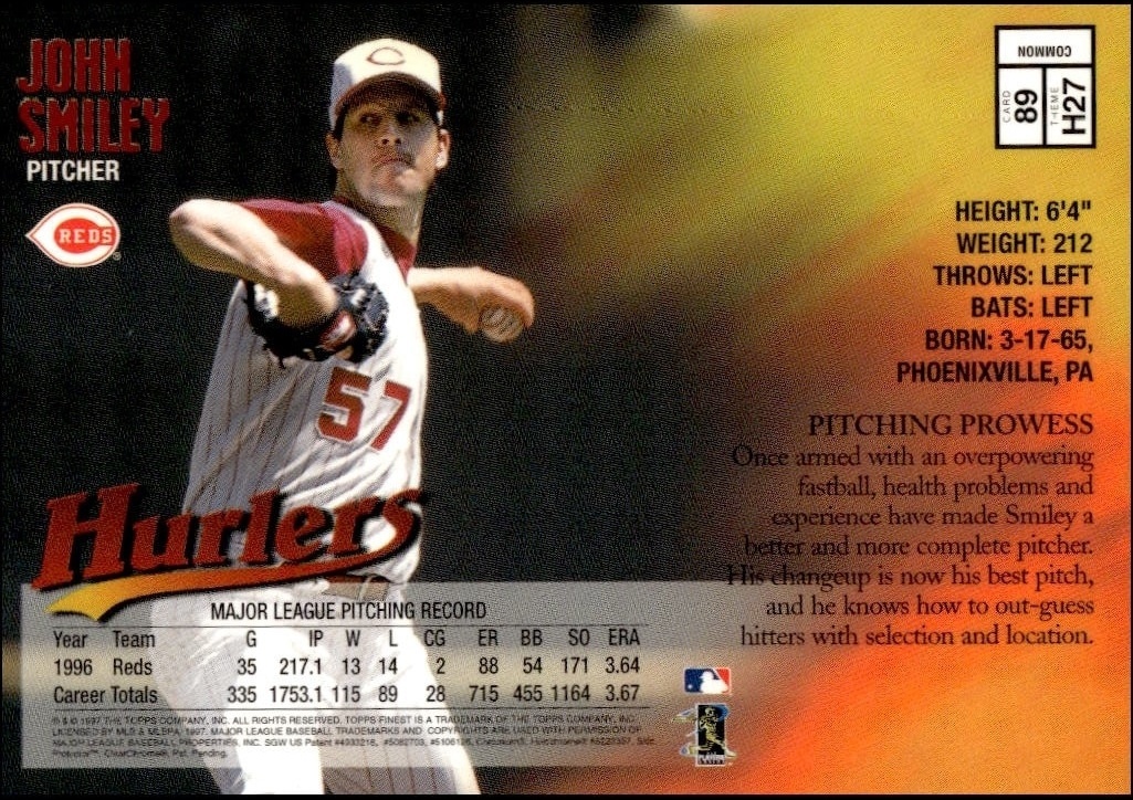 1997 Topps Finest John Smiley #89 baseball trading card back