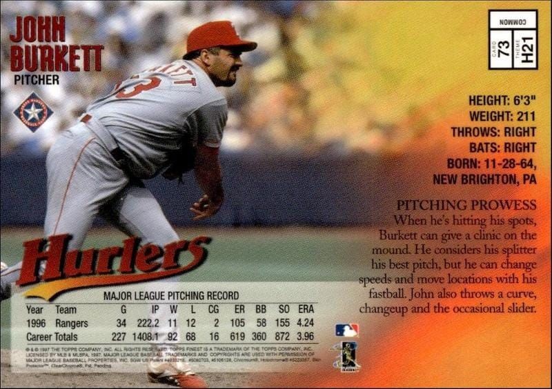 1997 Topps Finest John Burkett #73 baseball trading card back