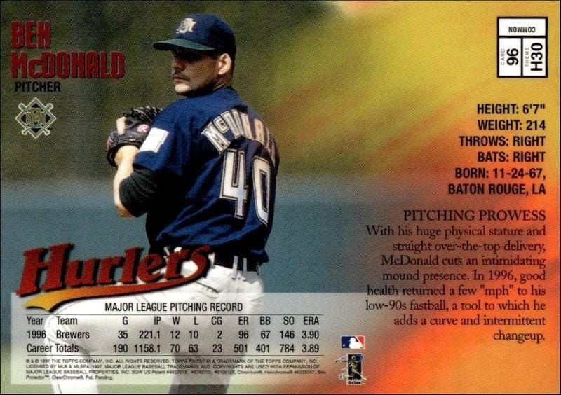 1997 Topps Finest Ben McDonald #96 baseball trading card back