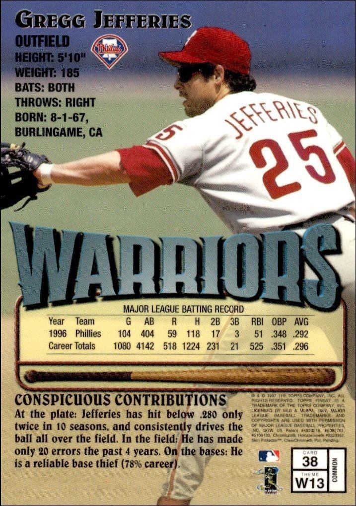 1997 Topps Finest Gregg Jefferies #38 baseball trading card back