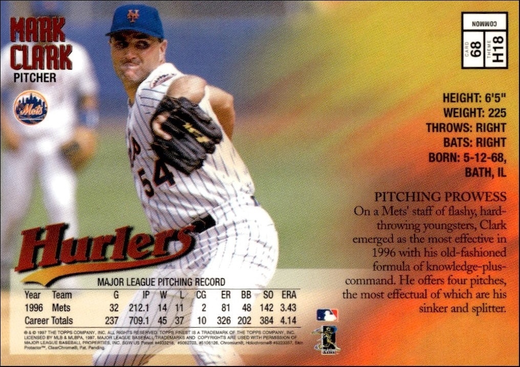 1997 Topps Finest Mark Clark #68 baseball trading card back