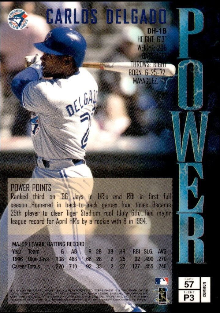 1997 Topps Finest Carlos Delgado #57 baseball trading card back