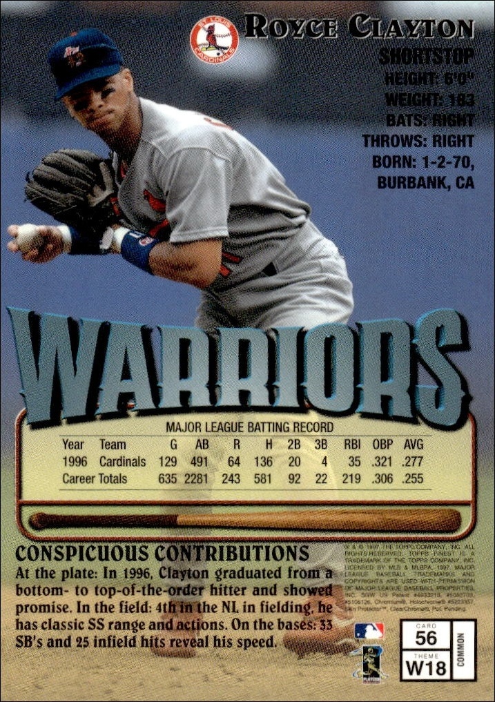 1997 Topps Finest Royce Clayton #56 baseball trading card back