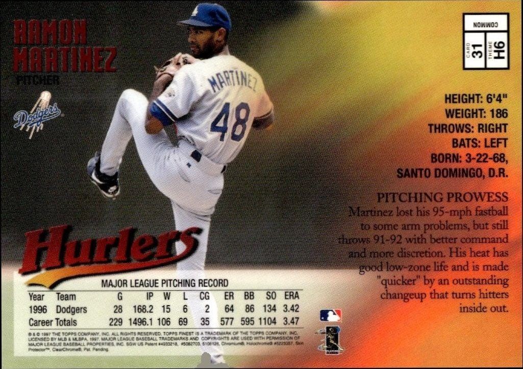 1997 Topps Finest Ramon Martinez #31 baseball trading card back