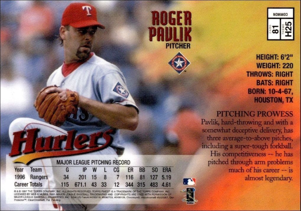 1997 Topps Finest Roger Pavlik #81 baseball trading card back