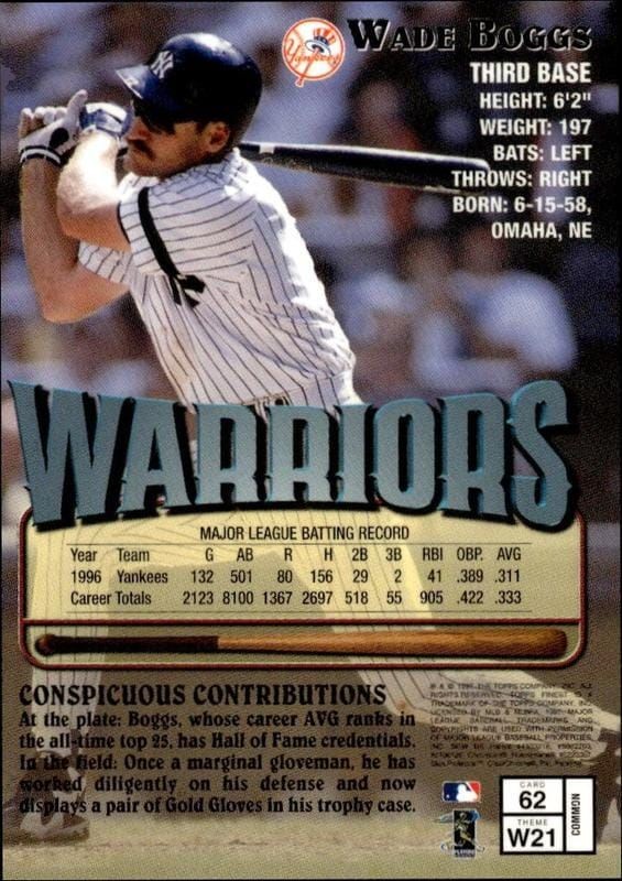 1997 Topps Finest Wade Boggs #62 baseball trading card back