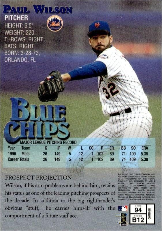 1997 Topps Finest Paul Wilson #94 baseball trading card back