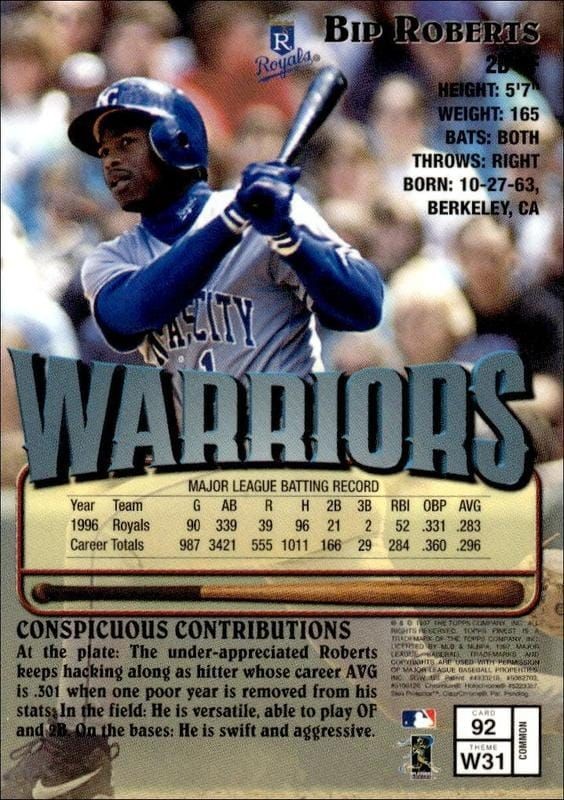 1997 Topps Finest Bip Roberts #92 baseball trading card back