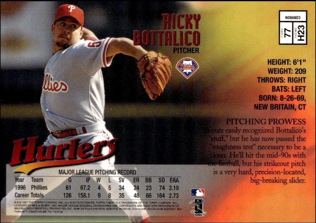 1997 Topps Finest Ricky Bottalico #77 baseball trading card back