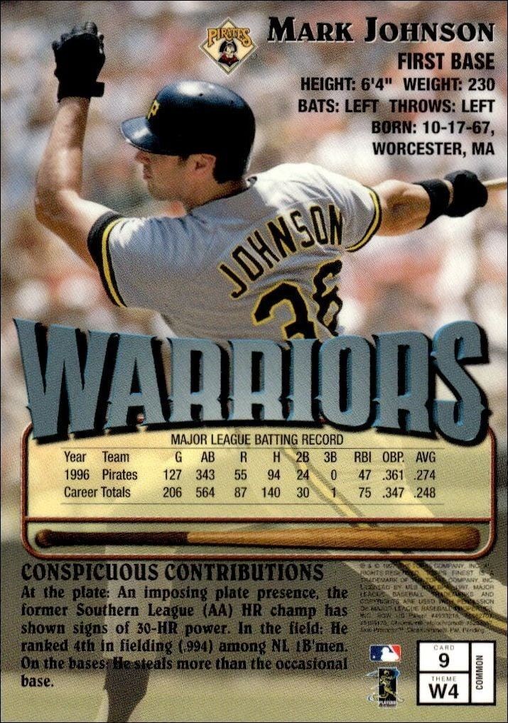 1997 Topps Finest Mark Johnson #9 baseball trading card back