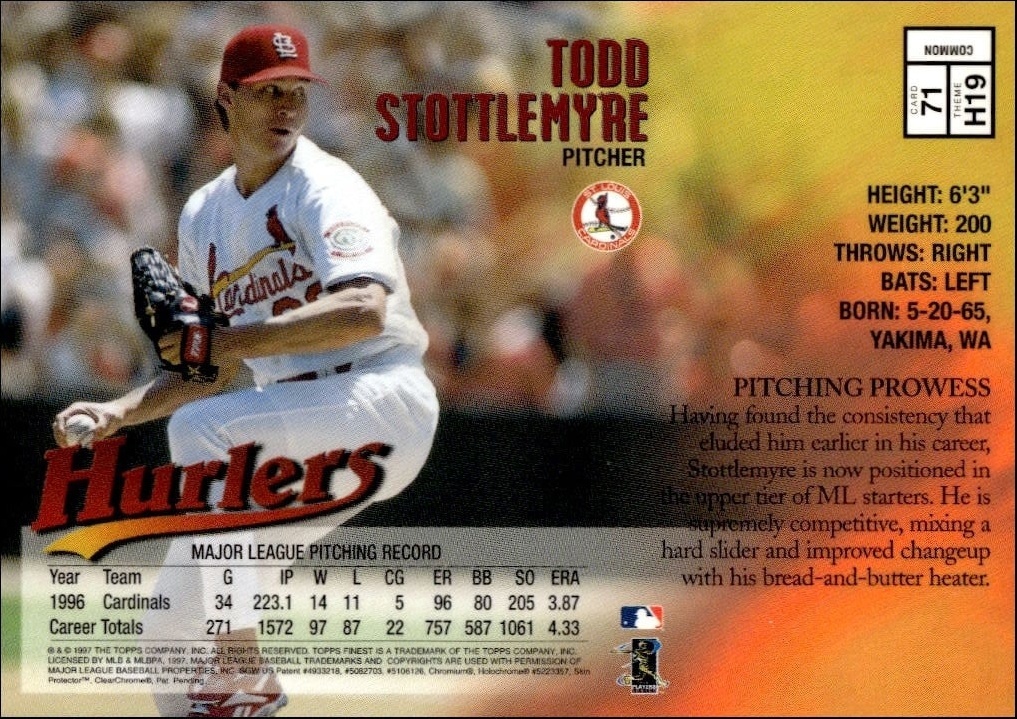 1997 Topps Finest Todd Stottlemyre #71 baseball trading card back