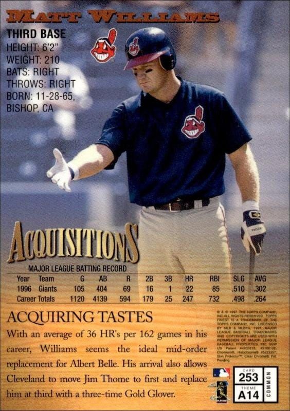 1997 Topps Finest Matt Williams #253 baseball trading card back