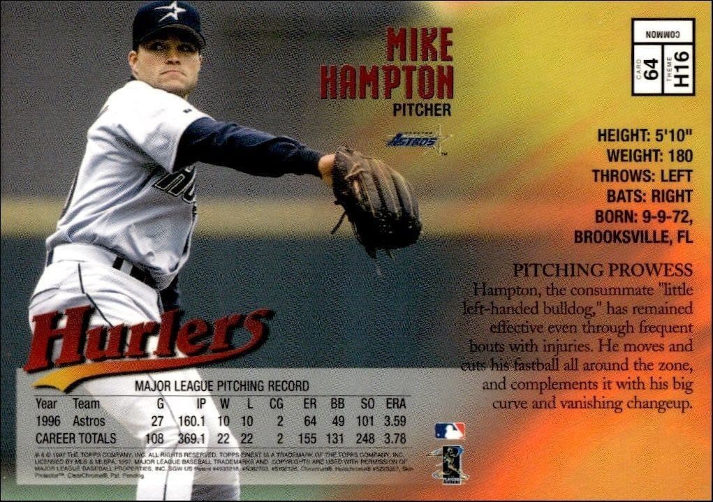 1997 Topps Finest Mike Hampton #64 baseball trading card back