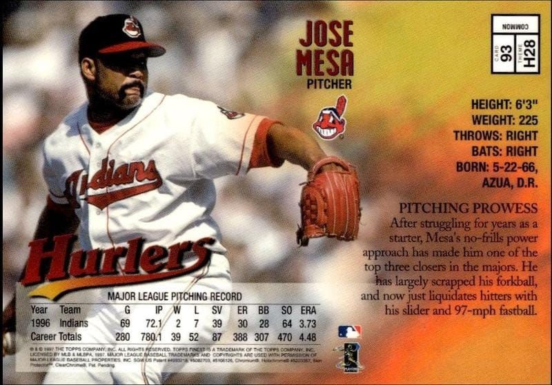 1997 Topps Finest Jose Mesa #93 baseball trading card back