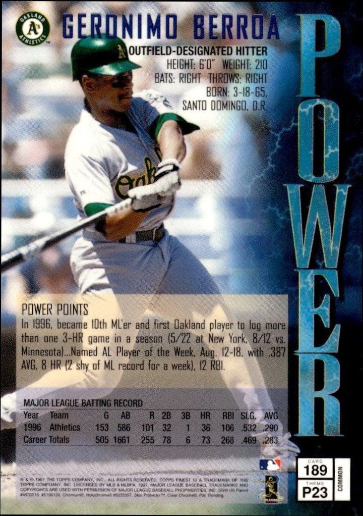 1997 Topps Finest Geronimo Berroa #189 baseball trading card back