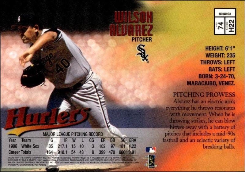 1997 Topps Finest Wilson Alvarez #74 baseball trading card back