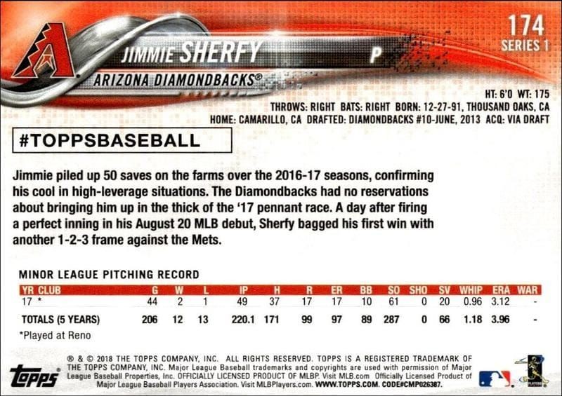 2018 Topps Jimmie Sherfy #174 baseball trading card back