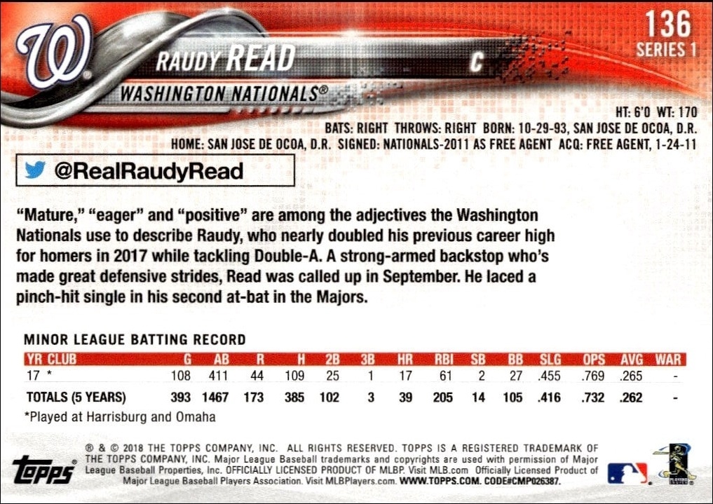 2018 Topps Raudy Read #136 baseball trading card back