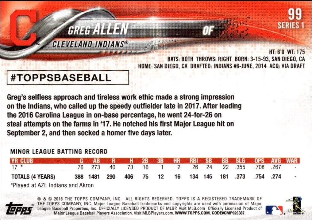 2018 Topps Greg Allen #99 baseball trading card back