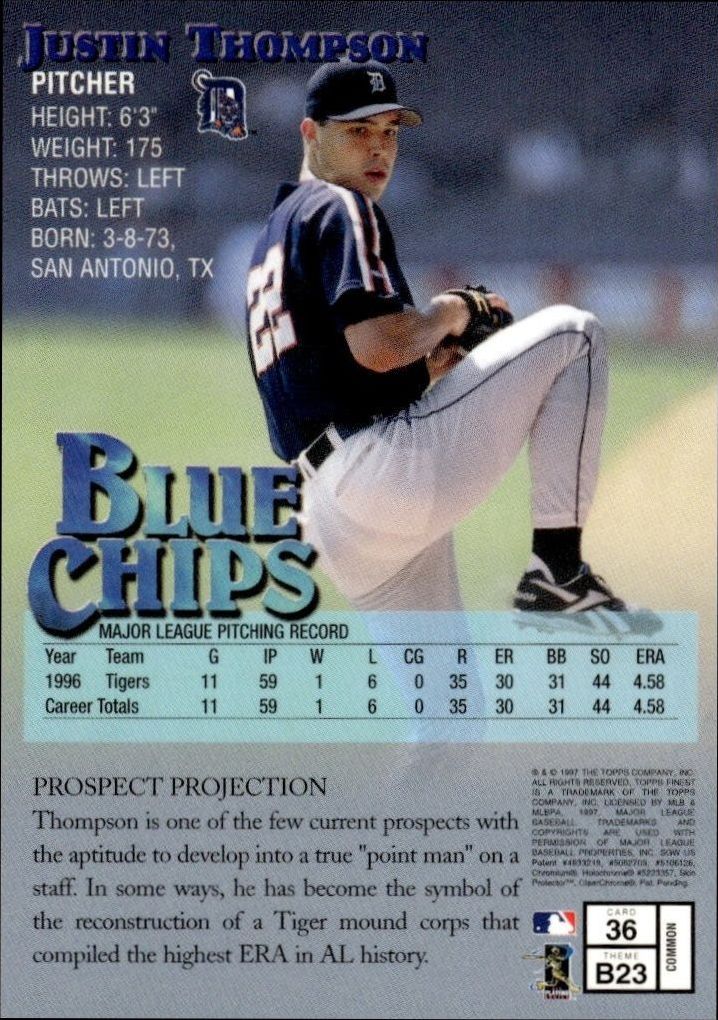 1997 Topps Finest Justin Thompson #36 baseball trading card back