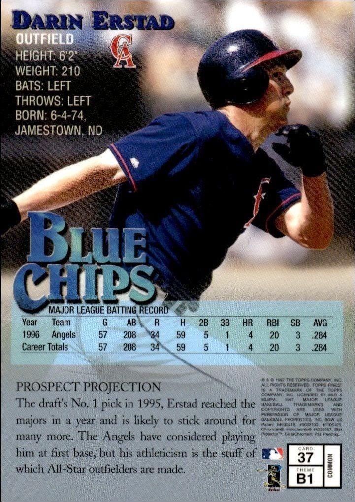 1997 Topps Finest Darin Erstad #37 baseball trading card back