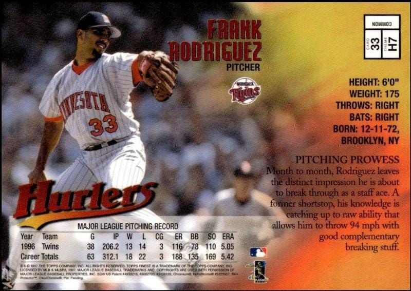 1997 Topps Finest Frank Rodriguez #33 baseball trading card back