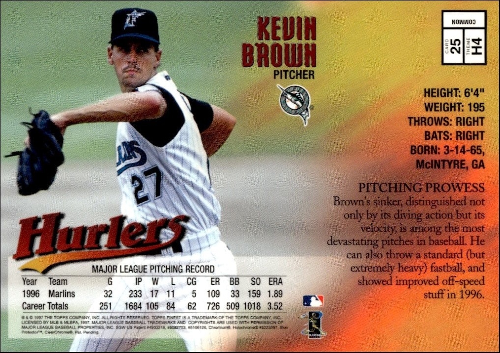 1997 Topps Finest Kevin Brown #25 baseball trading card back