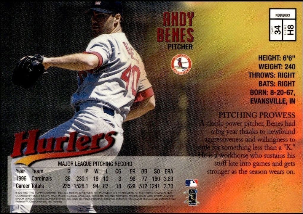 1997 Topps Finest Andy Benes #34 baseball trading card back