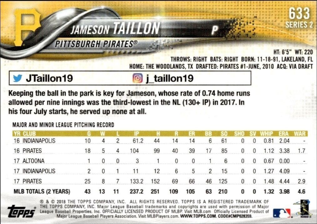 2018 Topps Series 2 Jameson Taillon #633 baseball trading card back