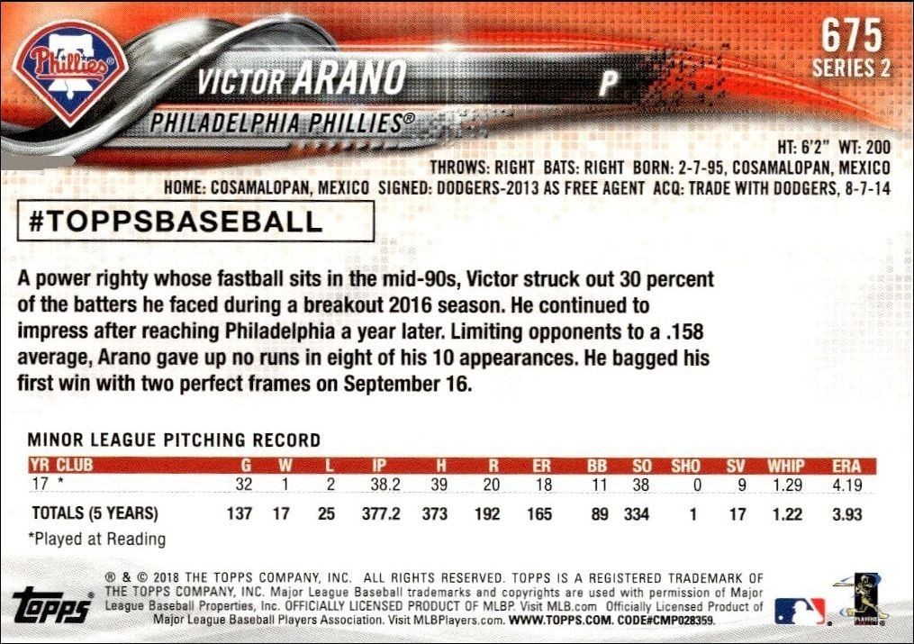 2018 Topps Series 2 Victor Arano #675 baseball trading card back