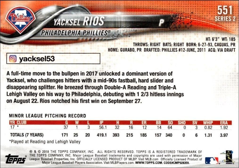 2018 Topps Series 2 Yacksel Rios #551 baseball trading card back