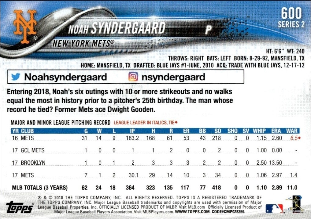 2018 Topps Series 2 Noah Syndergaard #600 baseball trading card back