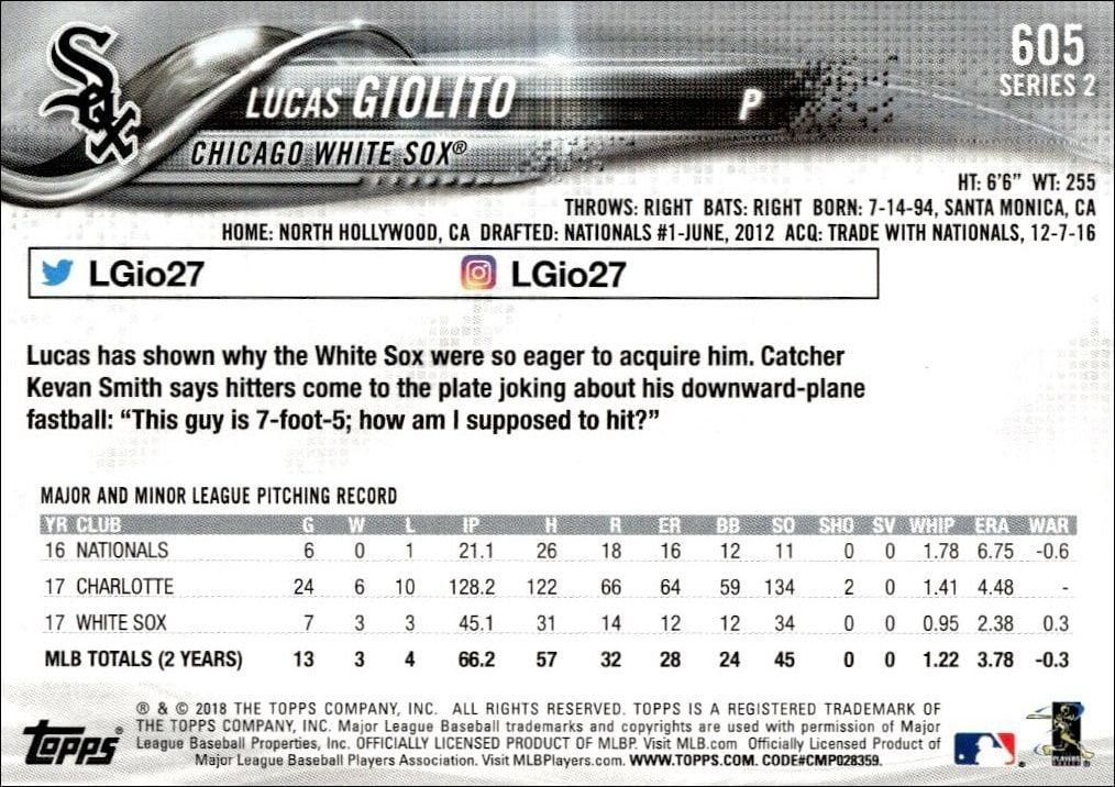 2018 Topps Series 2 Lucas Giolito #605 baseball trading card back