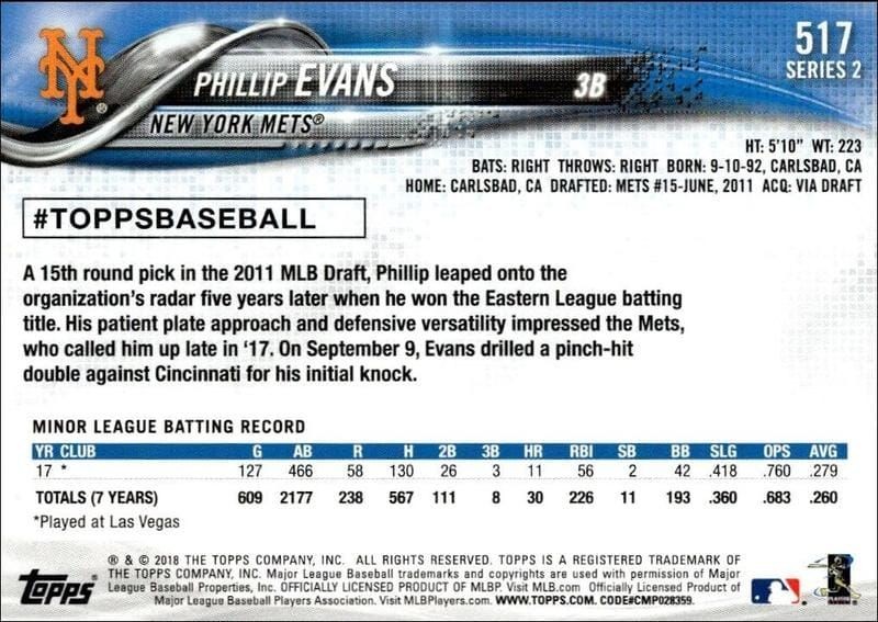 2018 Topps Series 2 Phillip Evans #517 baseball trading card back