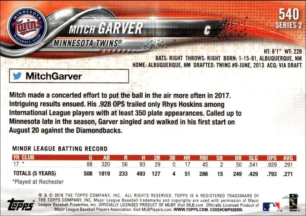 2018 Topps Series 2 Mitch Garver #540 baseball trading card back