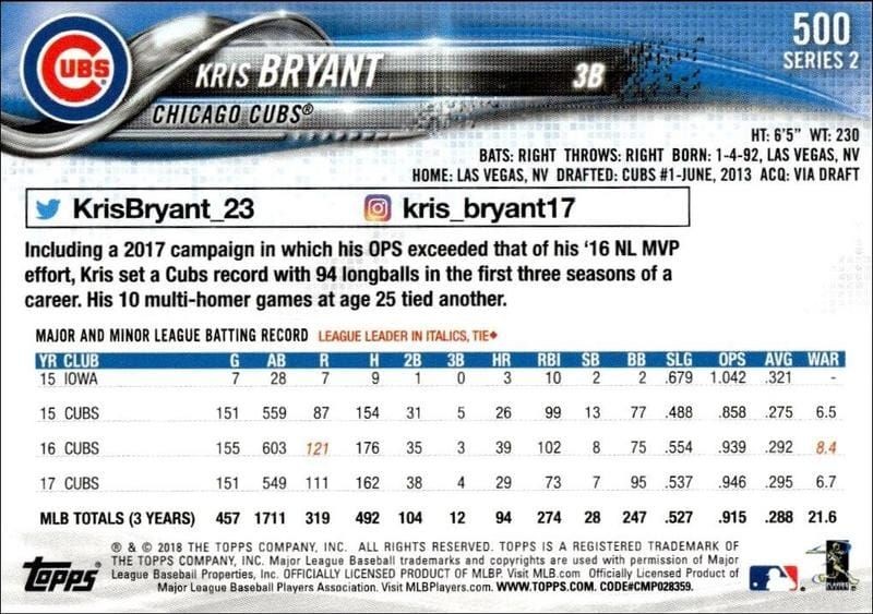 2018 Topps Series 2 Kris Bryant #500 baseball trading card back