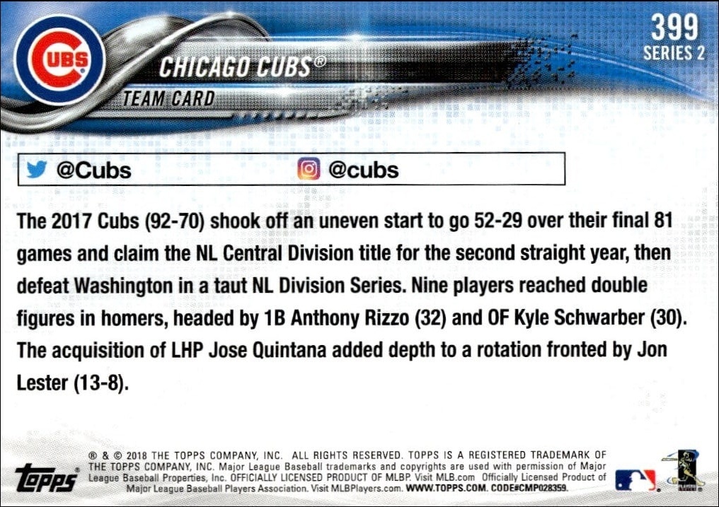 2018 Topps Series 2 Chicago Cubs #399 baseball trading card back