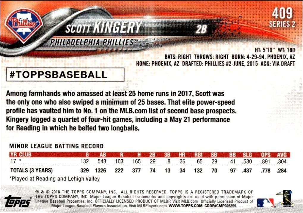 2018 Topps Series 2 Scott Kingery #409 baseball trading card back