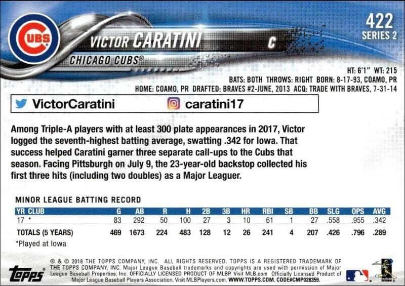 2018 Topps Series 2 Victor Caratini #422 baseball trading card back