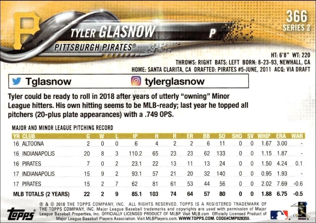 2018 Topps Series 2 Tyler Glasnow #366 baseball trading card back