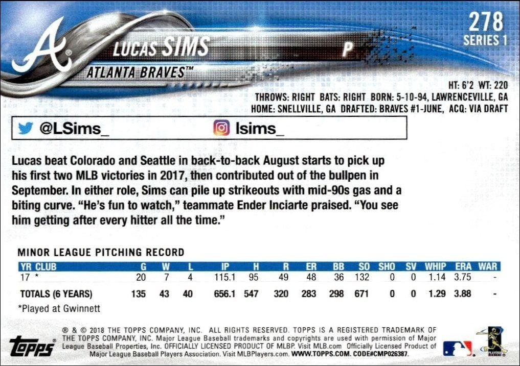 2018 Topps Lucas Sims #278 baseball trading card back