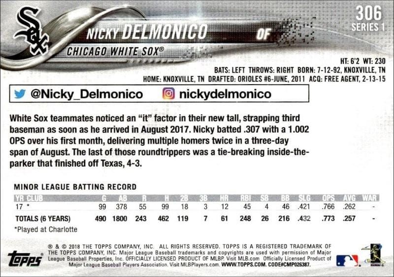 2018 Topps Nicky Delmonico #306 baseball trading card back
